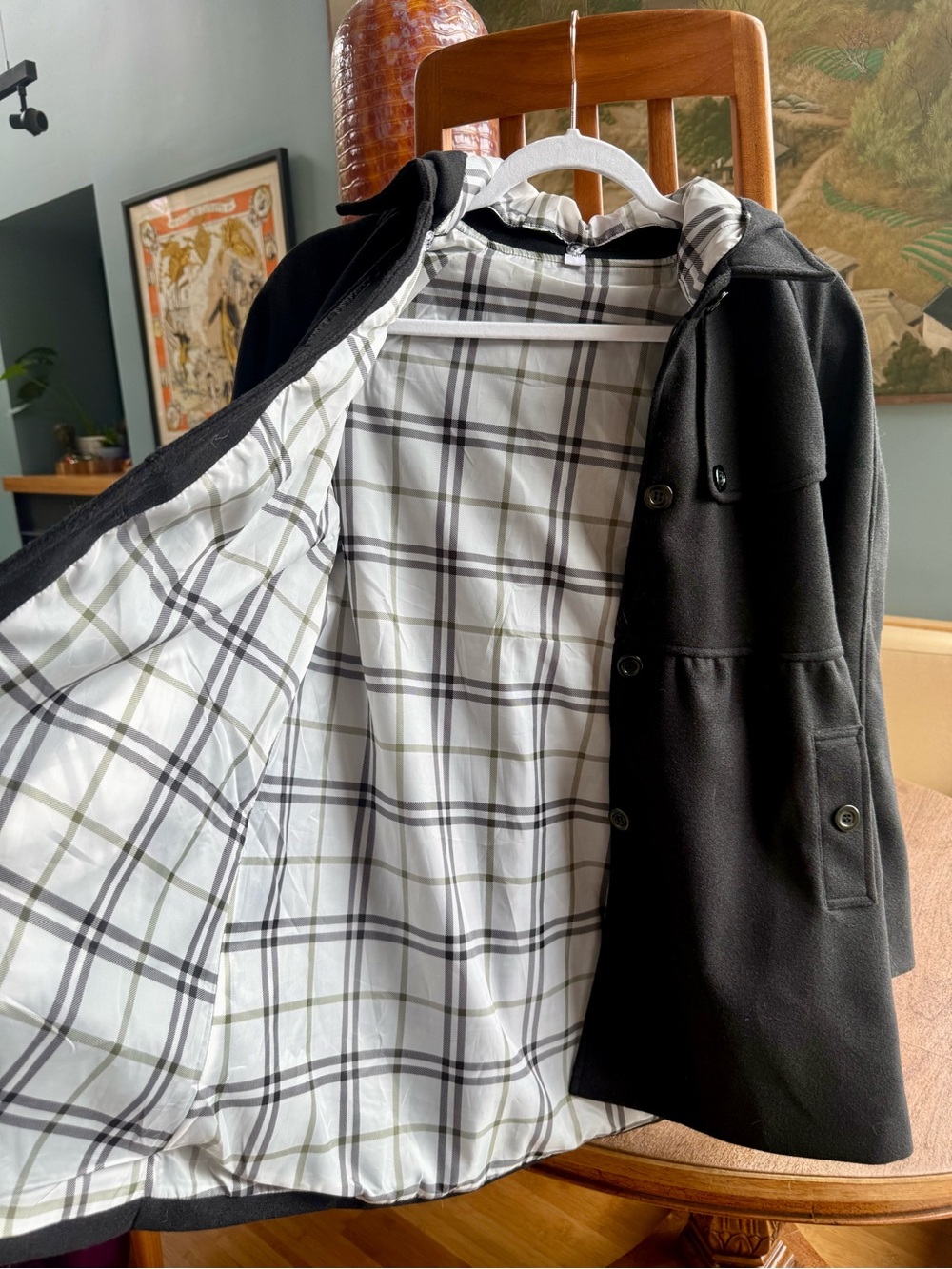 Classic Black Girls 10-12 Hooded Pea Coat with Plaid Lining